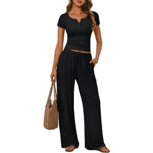 Trendy Queen Women's 2 Piece Matching Lounge Sets Summer Henley Neck Slightly Crop Top Wide Leg Pants Casual Sweat Suit, XL