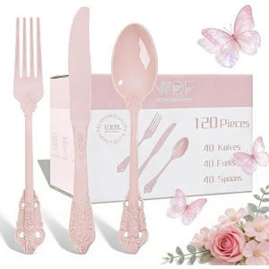 WDF 120 Pieces Heavy Duty Pink Plastic Cutlery Set - Disposable Utensils - Disposable Flatware Includes 40 Forks, 40 Spoons, 40 Knives for Party Baby Shower Wedding Spring Mother's Day