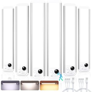 RUIKORING 8.5" Under Cabinet Lighting 6 Pack, 3 Colors, Motion Sensor Light Indoor,48 LED Rechargeable Closet Lights, Dimmable Under Counter Lights, Stick-On Magnetic Cabinet Night Lights for Kitchen