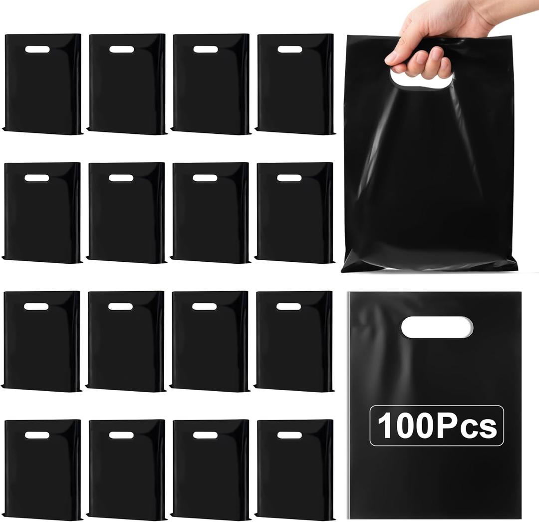 Nufiwra 100 Pack Small Black Plastic Gift Bags with Die Cut Handle, Thicken 6" x 8" Reusable Merchandise Bags Shopping Bags for Small Business Boutique Stores Gift Party Favor Wedding Christmas