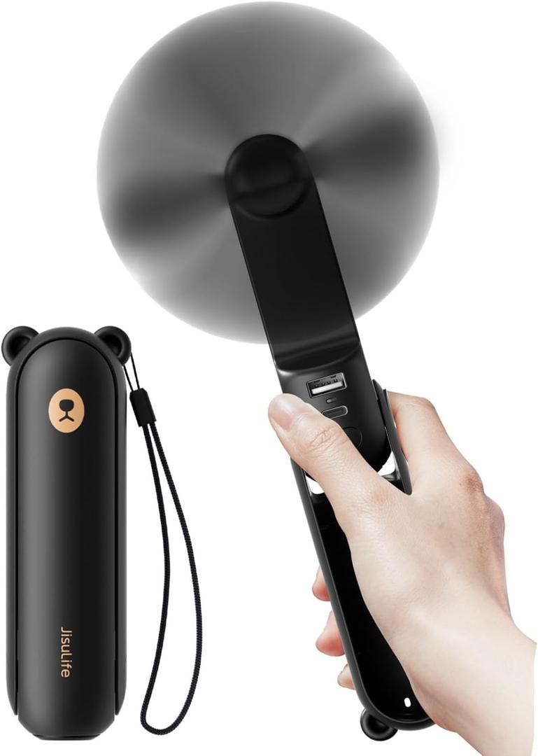 JISULIFE Handheld Fan with 4500 mAh Powerbank Max 37 Hours Runtime, Pocket Portable Battery Operated or USB Powered Folding Personal Fan, 3 Speeds, Gifts for Women Men Kids Gift for Festival(Black)