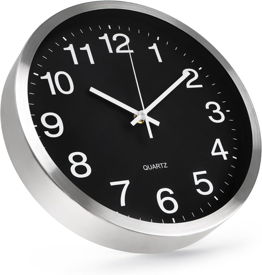 Wall Clock 12 Inch Metal Finish Silent Non Ticking Indoor Clock Round Battery Operated Stainless Steel Wall Clocks for Home, Office, Living Room (Black-Silver Brushed Finish, 12 Inch)
