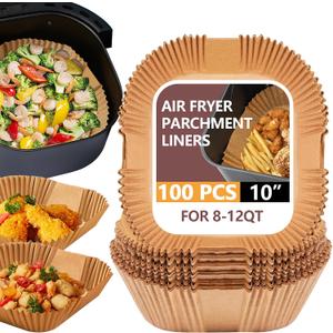 UBeesize 10 Inch Air Fryer Paper Liners,100 PCS Parchment Paper, Air Fryer Disposable Paper Liner for Microwave, Non-Stick Air Fryer Liners Square Free of BleachBottom size 9 Inch