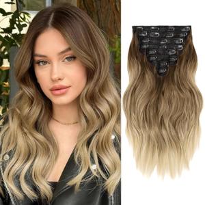 Clip in Hair Extensions, 16 Inch Omber Blonde Hair Extensions Clip Ins Wavy, 8PCS Synthetic Thick Hairpieces for Women