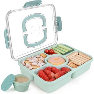 Large Snackle Box Container with Dip Container, 5 Compartments Snack Container with Lid and Handle, Veggie Fruit Divided Serving Tray for Party, Picnic, Dishwasher Safe, BPA-Free