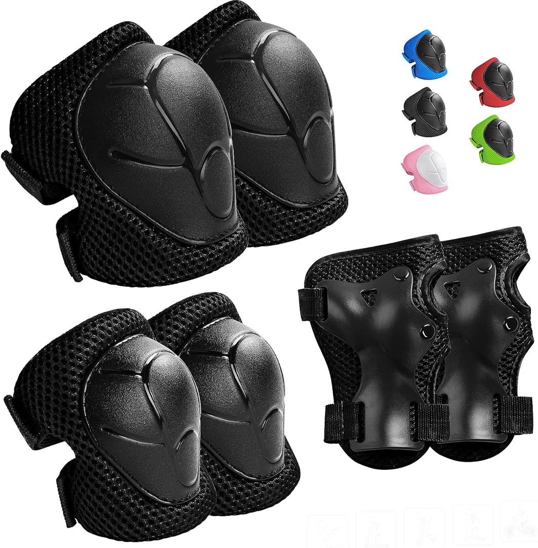 Kids Protective Gear Set Knee Pads for Kids 3-14 Years Toddler Knee and Elbow Pads with Wrist Guards 3 in 1 for Skating Cycling Bike Rollerblading Scooter (M(7-13Years), Black)