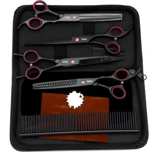 Professional Dog Grooming Scissors 4-Piece Set - Straight, Thinning, Curved Shears for Pets with Non-Slip Handles, Sharp Convex Blades & Travel Case (Black)