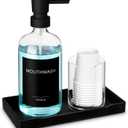 TOLDATLI Mouthwash Dispenser for Bathroom, Glass Mouth Wash Pump Dispenser with Cup Holder, 17 Fl Oz Mouthwash Bottle Decanter with Tray, Refillable Mouthwash Dispenser Container (Clear)