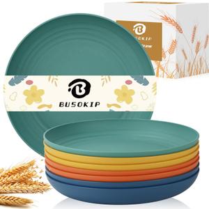 BUSOKIP 11 Inch Large Wheat Straw Plates 8 Pieces, Unbreakable Dinner Plates Reusable Plastic Plates Alternatives, Microwave Safe Plates for Kitchen, Plates Set of 8 (Multicolor)