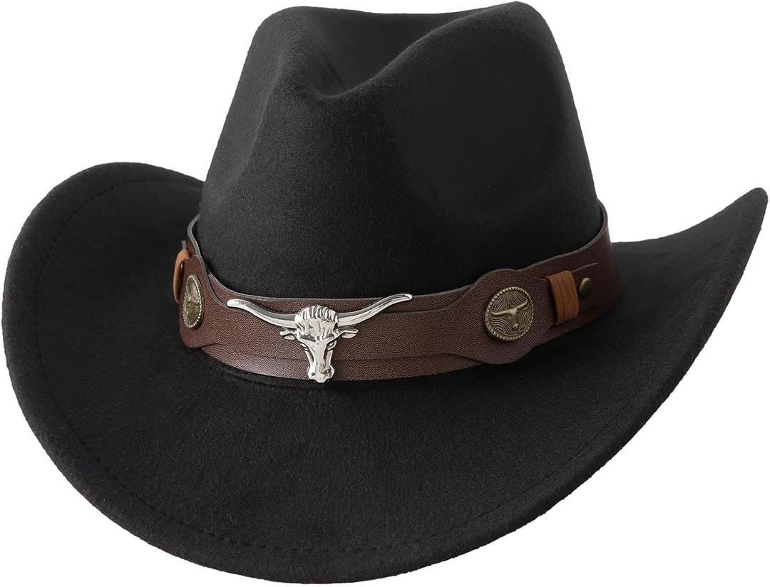 Jastore Kids Western Hats Boys Girls Cowboy Felt Hat Jazz Fedora Cowgirl Hats with Belt Buckle (6-12 Years, Black)