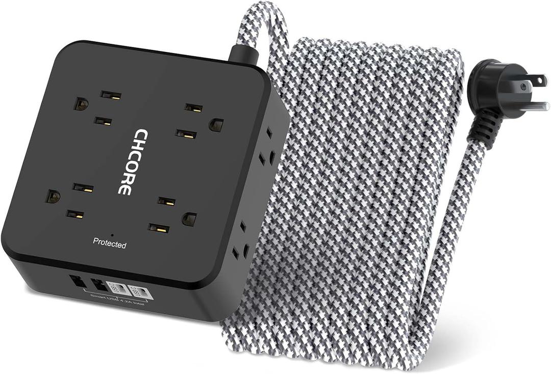 Surge Protector Power Strip  CHCORE 20Ft Braided Extension Cord with 8 Outlets with 4 USB (2 USB C) Charging Ports, Flat Plug Multi Plug Outlet Extender Charging Station for Home Office, ETL, Black