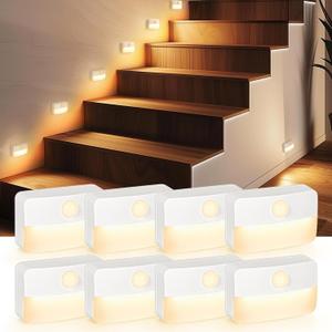  8 Pack Motion Sensor Stair Light for Indoor, Battery Operated Closet Lights, Wireless Stick on Anywhere Hallway Lamp, Portable Led Night Lamps for Bedroom Under Cabinet Kitchen
