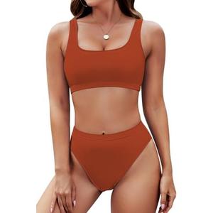 Pink Queen Women's Crop Top High Waisted Cheeky Bikini Set Two Piece Swimsuits, Medium, Burnt Orange