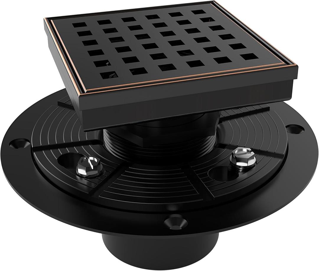 WEBANG 4 Inch Square Shower Drain Bronze Floor Drain with Flange Square Holes Pattern Cover Grate Removable SUS304 Stainless Steel Watermark&CUPC Certified Oil Rubbed Bronze
