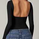 QINSEN Women's Sexy Open Back Long Sleeve Shirts High Neck Double Lined Tees Fitted Going Out Tops M