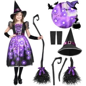 Spooktacular Creations Light-up Witch Costume for Girls, Toddlers Print Witch Outfit Set for Kids Halloween Dress Up Parties (Large(10-12 yrs), Purple)