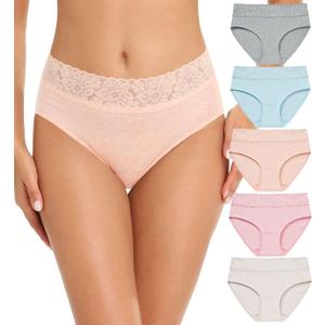 RHYFF Womens Underwear Cotton Bikini Panties Lace Soft Hipster Panty Ladies Stretch Full Briefs 5 Pack (Large)