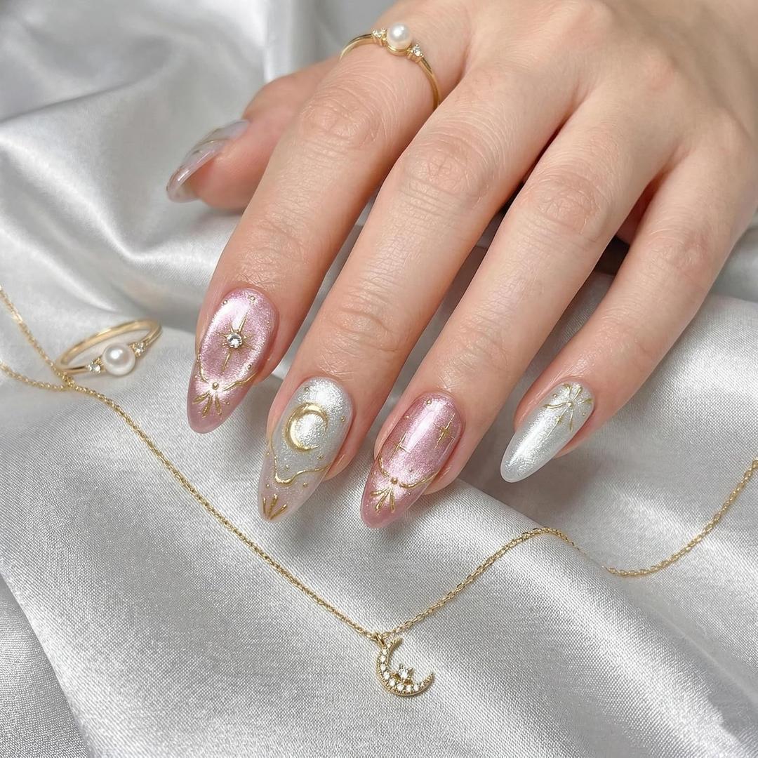 2 x Medium Press on Nails Almond Fake Nails Pink Acrylic Nail Press ons SEENEEY GoldMoon and Stars Designs Cat eye Stick on Nail for Women 30pcs