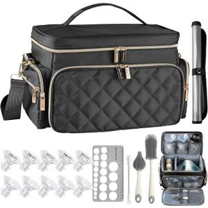 Breast Pump Bag Kit for Spectra S1/S2, Pumping Bag with Bottle Brush Set, 10 Flange Inserts for 24mm Flange, Nipple Ruler, Waterproof Mat, Pump Carrying Case for Work, Travel, Black