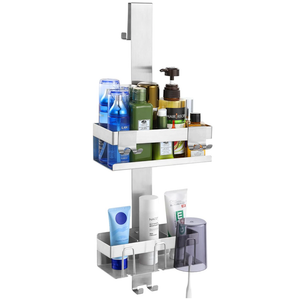 Emibele Over The Door Shower Caddy 2 Tier, 304 Stainless Steel Hanging Shower Caddy Rustproof Shower Shelves, No Drilling Hanging Shower Organizer for Bathroom Glass Door, Silver