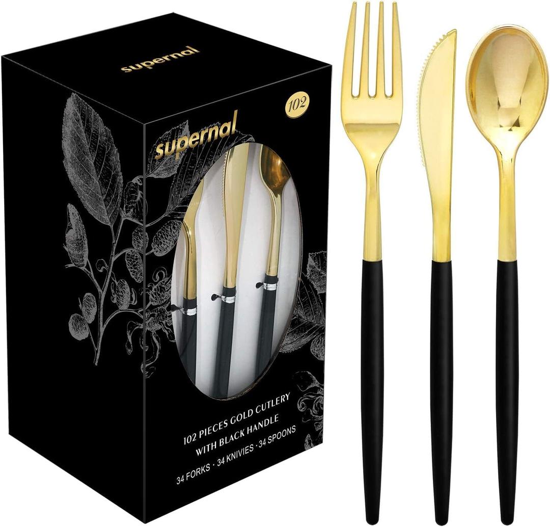 Supernal 102 Pcs Black and Gold Plastic Silverware Set,Heavy Duty Gold Disposable Cutlery for 34 Guests (34 Forks,34 Spoons,34 Knives),Elegant Plastic Flatware for Weddings,Parties & Upscale Events