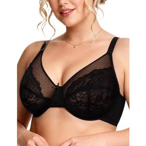 Vertvie Minimizer Bras for Women Full Coverage Underwire Supportive Bra Plus Size Lift Unlined Lace Bralette for Large Bust (40DD, Black)