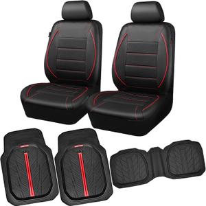 CAR PASS Universal FIT Piping Leather Two Front Seat Covers, DeepDish Rubber Floor Mats for car Heavy Duty car mats,Waterproof Faux Leather for SUV Sedan Van Truck, Airbag Compatible(Black Red)