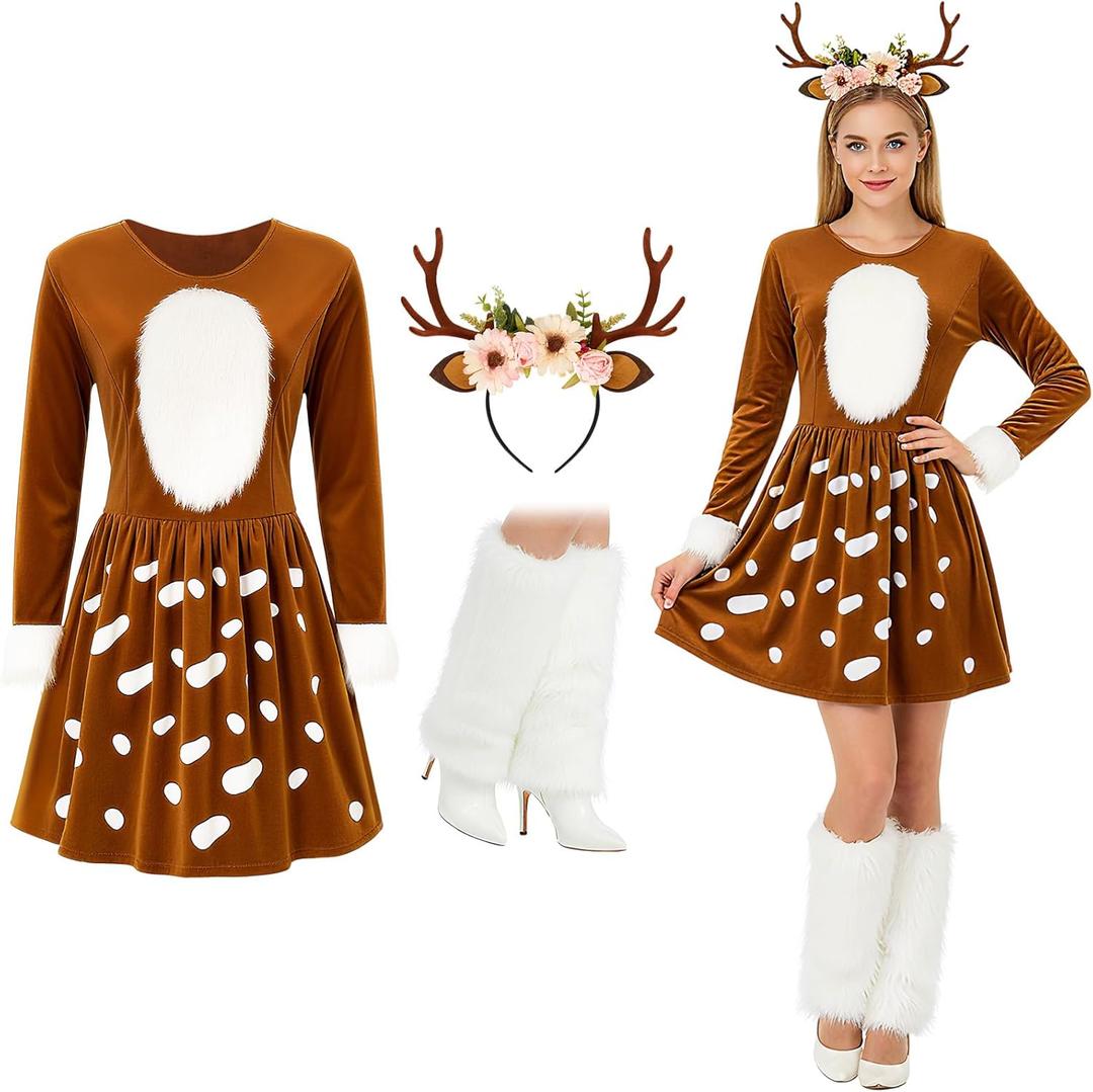 Haysandy 4 Pcs Christmas Adult Deer Costume for Women, Deer Dress Reindeer Antlers Headband Fuzzy Leg Warmers (Large)