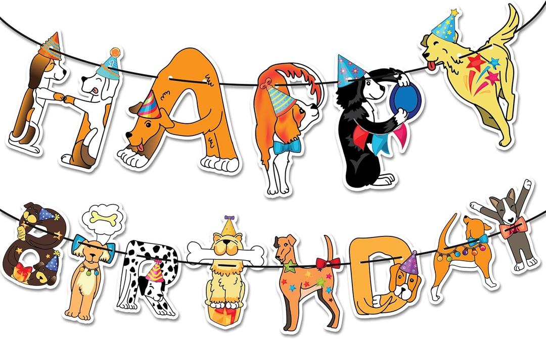 2 x Dog Birthday Garland  Photographic Puppy Faces Happy Birthday Banner, Funny Puppy Bday Party Decoration, Easy Assembly, Reusable Dog Birthday Party Supplies