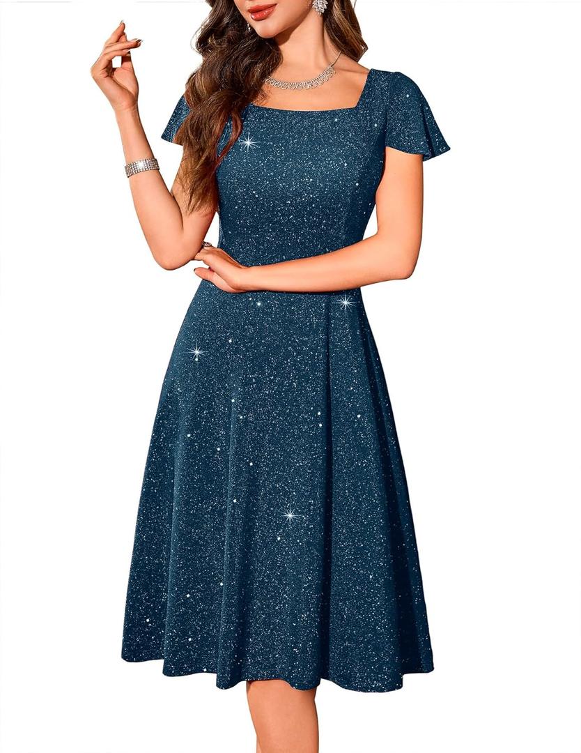 BeryLove Prom Dress for Teens: Sequin Formal Party Dress with Flutter Short Sleeves for Wedding & Cocktail Evening Events (XL)