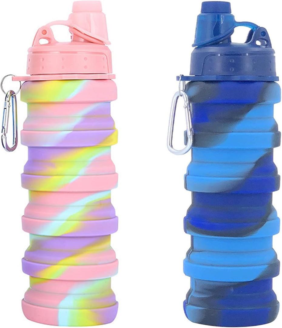 Collapsible Water Bottles Travel water bottle Sports Portable Sport Water Bottle Reusable Water Bottles comes with mountaineering Buckle 500ml silicone Water-proof camping water bottle (Pink+Blue camouflage)