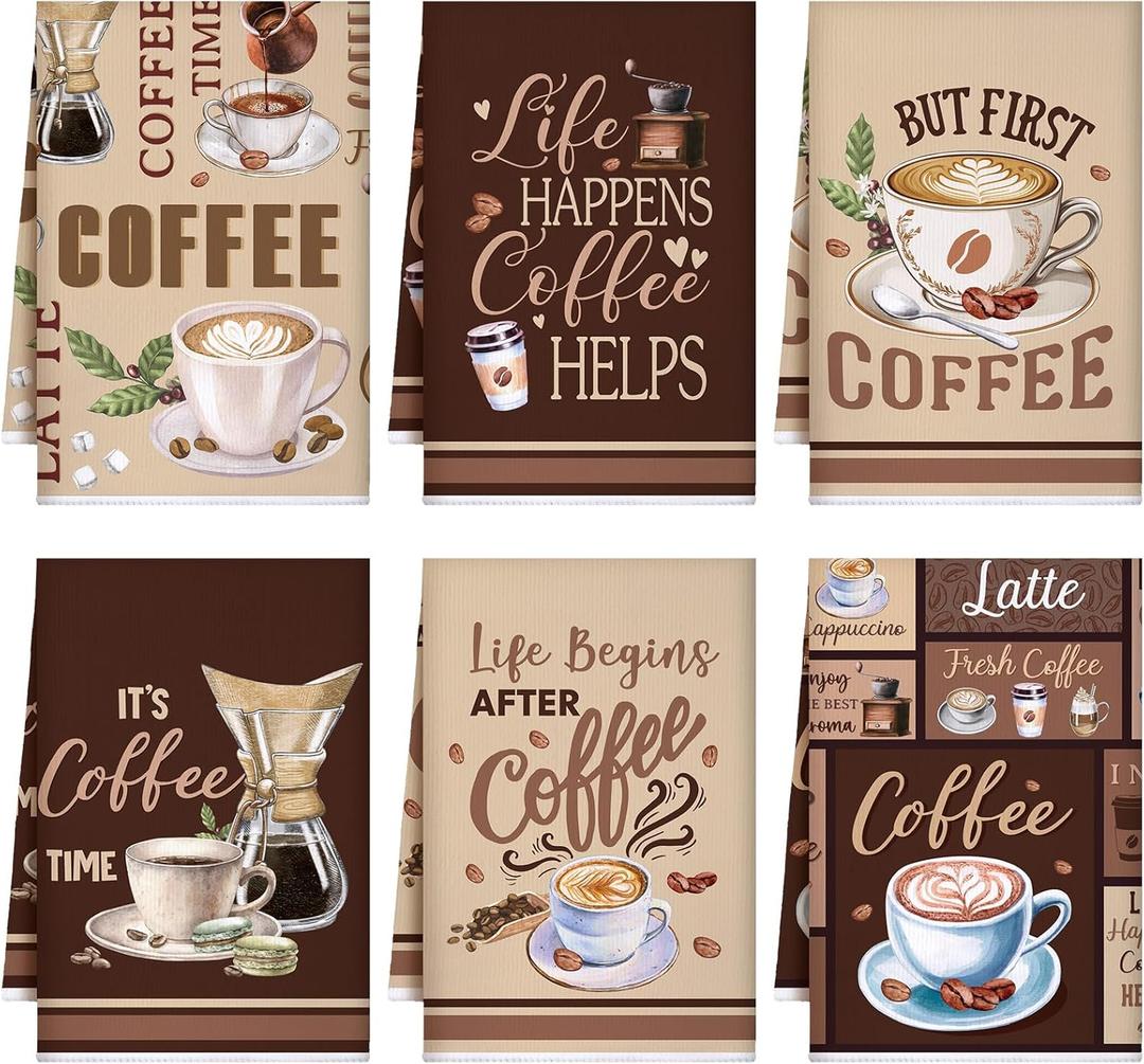Bencailor 6 Pcs Coffee Kitchen Towels Decorative Sets Dish Towels Absorbent Fast Drying Hand Tea Vintage Hanging Reusable Cleaning Dishcloths for Cooking Farmhouse Bathroom Accessory (Dark Brown)
