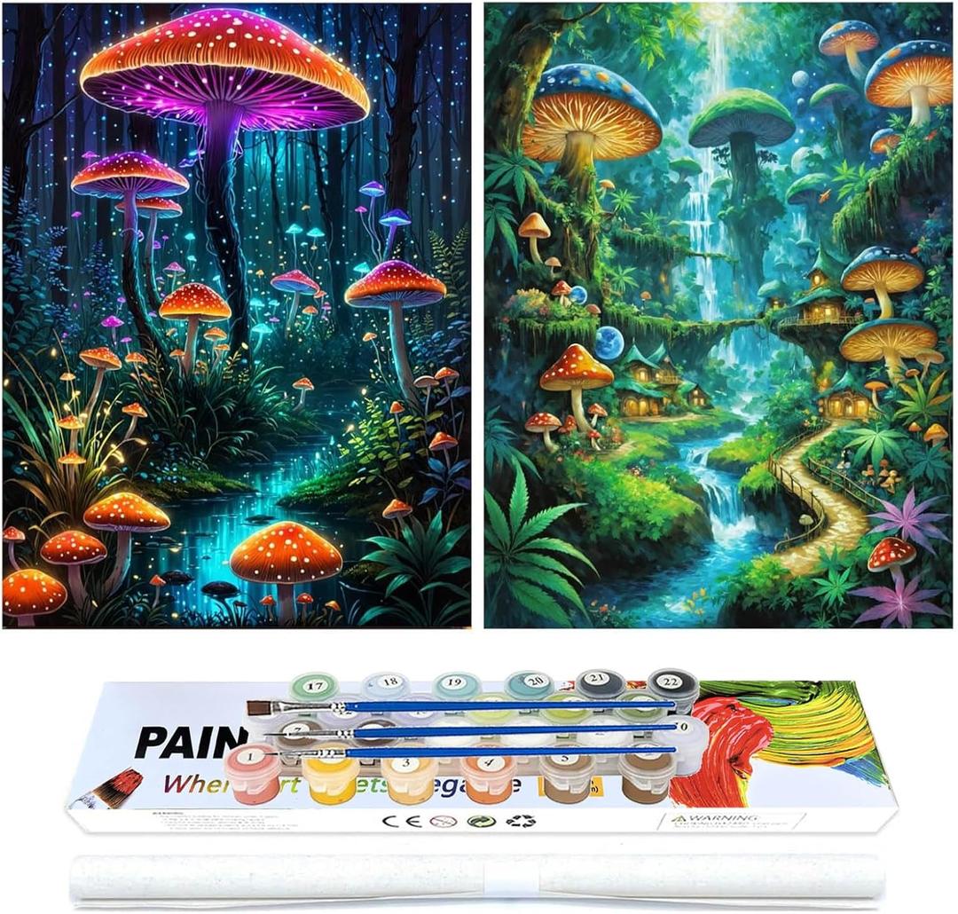 Lovepefe Mushroom Paint by Numbers Kit for Adults and Kids Beginner 2 Pack Mushrooms Forest Adult Paint by Number Kits On Canvas DIY Oil Painting Kits for Gift Wall Decor 12x16 Inch (LFDK0506)