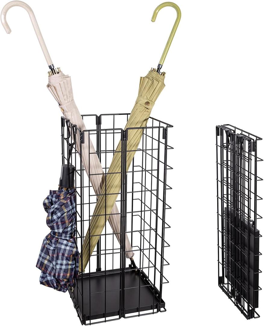Umbrella Stand, Umbrella Holder for Entryway, Large Metal Foldable Umbrella Rack Organizer Freestanding, with Water Tray and Hooks, Rectangular Hollow Rack 9.5 x 9.5 x 19.7 Inches (Black)
