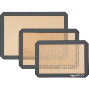 Amazon Basics Rectangular Non-Stick Silicone Baking Mat, Food Safe, Heat Resistant, 9"x13", 9.9"x14.8", and 16.5"x11.6", Beige/Gray, Pack of 3