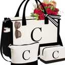 YOOLIFE Mothers Day Gifts - Initial Canvas Tote Bag & Makeup Bag, Birthday Gifts for Women Mom Sister Friends