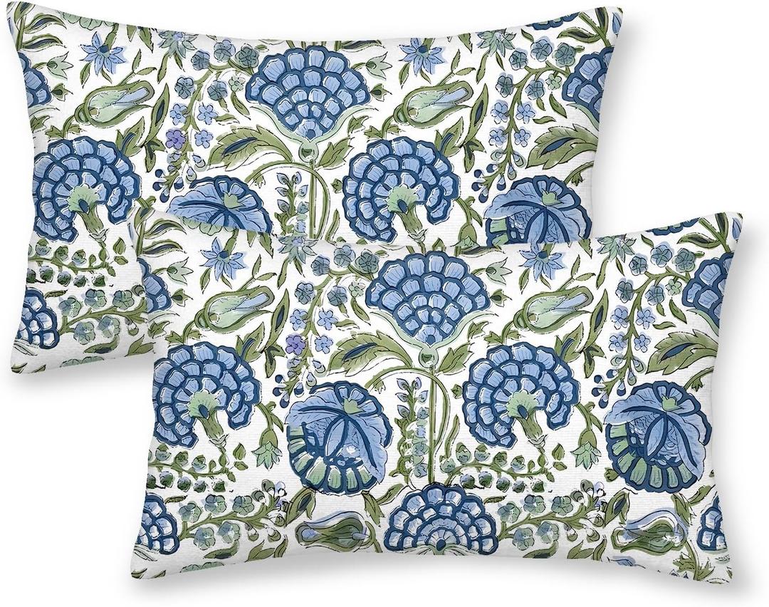 2 x Boho Navy Blue Pillow Covers 12x20 Inch 2 Pcs Sage Green Vintage Floral Decor Throw Pillows Spring Flower Summer Outdoor Farmhouse Decoration Pillowcase Cushion Cover for Couch Sofa Bed