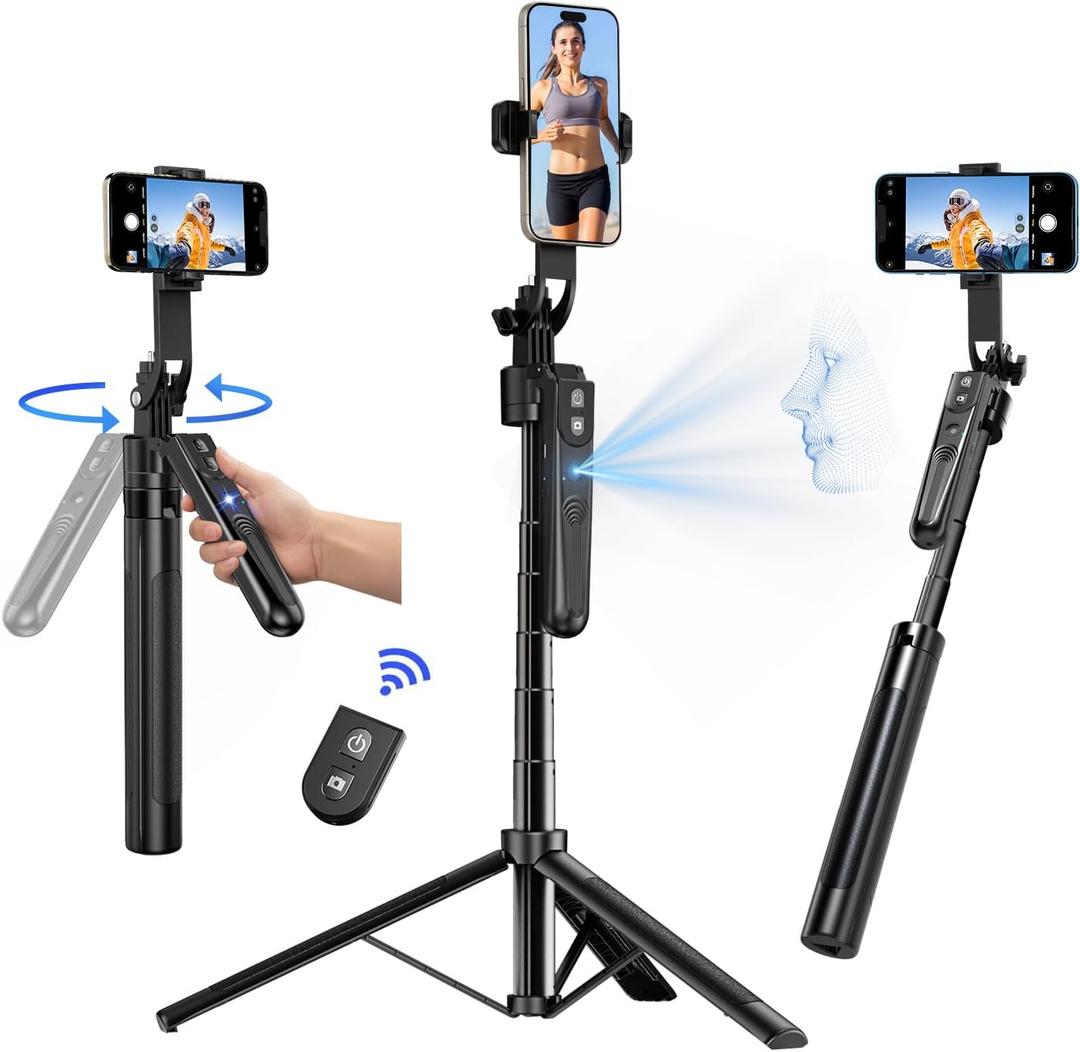 Auto Face Tracking Tripod 360 Rotation with Stand, 70.9" Motion Sensor Phone Tripod Stand, No App, Gesture Control, Smart Face Body Auto Tracking Selfie Stick Tripods for Video Record/Live Streaming