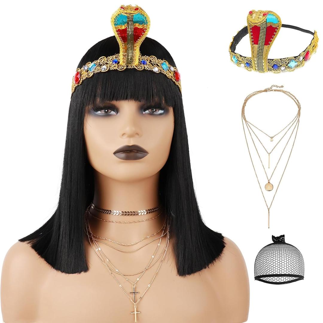 14 inch Black Straight Bob Wig with Bangs + Snake Headpiece + Necklace Short Black Bob Wigs for Women Costume Heat Resistant Synthetic Bangs Wig for Halloween Cosplay Daily Use(4 Pcs Set)