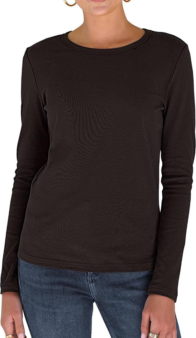 Dwnval Long Sleeve Shirts for Women Basic Crewneck Slim Fitted Knit Going Out Tops(2#Dark Brown, S) (Brown, S)