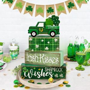 4 Pcs St. Patrick's Day Table Decoration Wooden Shamrocks Truck St Patrick's Day Tiered Tray Decor Irish Table Centerpiece for Saint Patty's Party Farmhouse Home Kitchen Decor