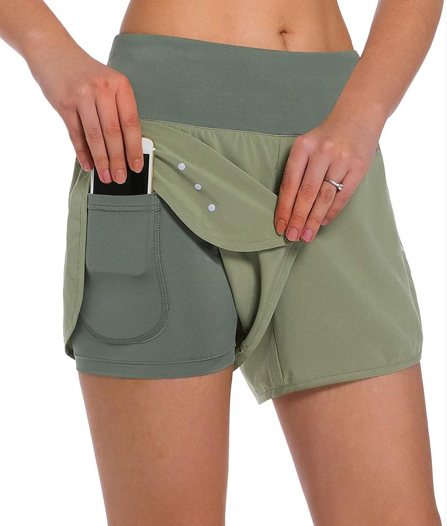 Ksmien Women's 2 in 1 Running Shorts - Lightweight Athletic Workout Gym Yoga Shorts Liner with Phone Pockets (Green, XL)