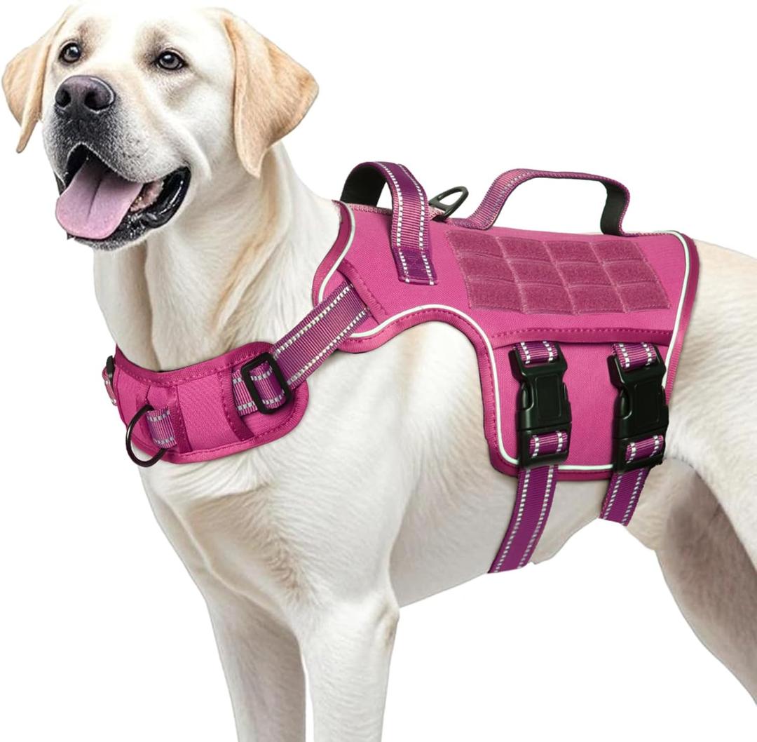 Dog Harness for Large Dogs Heavy Duty, No Pull Tactical Dog Harness with Molle System, Easy On and Off Service Dog Vest, Breathable Padded, Adjustable Reflective Pet Vest for Walking Hiking Training (L(Neck:18-24",Chest:25-36"),45-80 lbs, Pink)