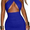 Women's Sexy Ruched Bodycon Halter Criss Cross Cut Out Backless Mini Club Party Dresses (Royal Blue) XS