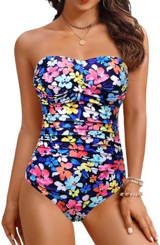Yonique Womens Strapless One Piece Swimsuit Tummy Control Bandeau Bathing Suits Slimming Twist Front Swimwear, Floral, Small