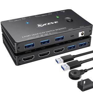 KCEVE HDMI2.1 KVM Switch 2 Computer 1 Monitor 8K@60Hz, KVM Switch HDMI 2 Port with 3 USB3.0, Wired Remote, Power Adapter and USB Cables (Black)