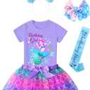 Doctor Unicorn Birthday Girls Mermaid Outfit Set Costume Tutu Skirt Dress, Mermaid Birthday Shirt, Headband & Satin Sash (8-9 Years, Blue/Purple Mermaid)