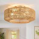 Boho Ceiling Fan with Light and Remote,Rattan Fandelier Ceiling Fan with Light Flush Mount Woven Farmhouse Caged Ceiling Fans for Bedroom Living Room Kitchen(Enclosed 6 Speeds), Brown 