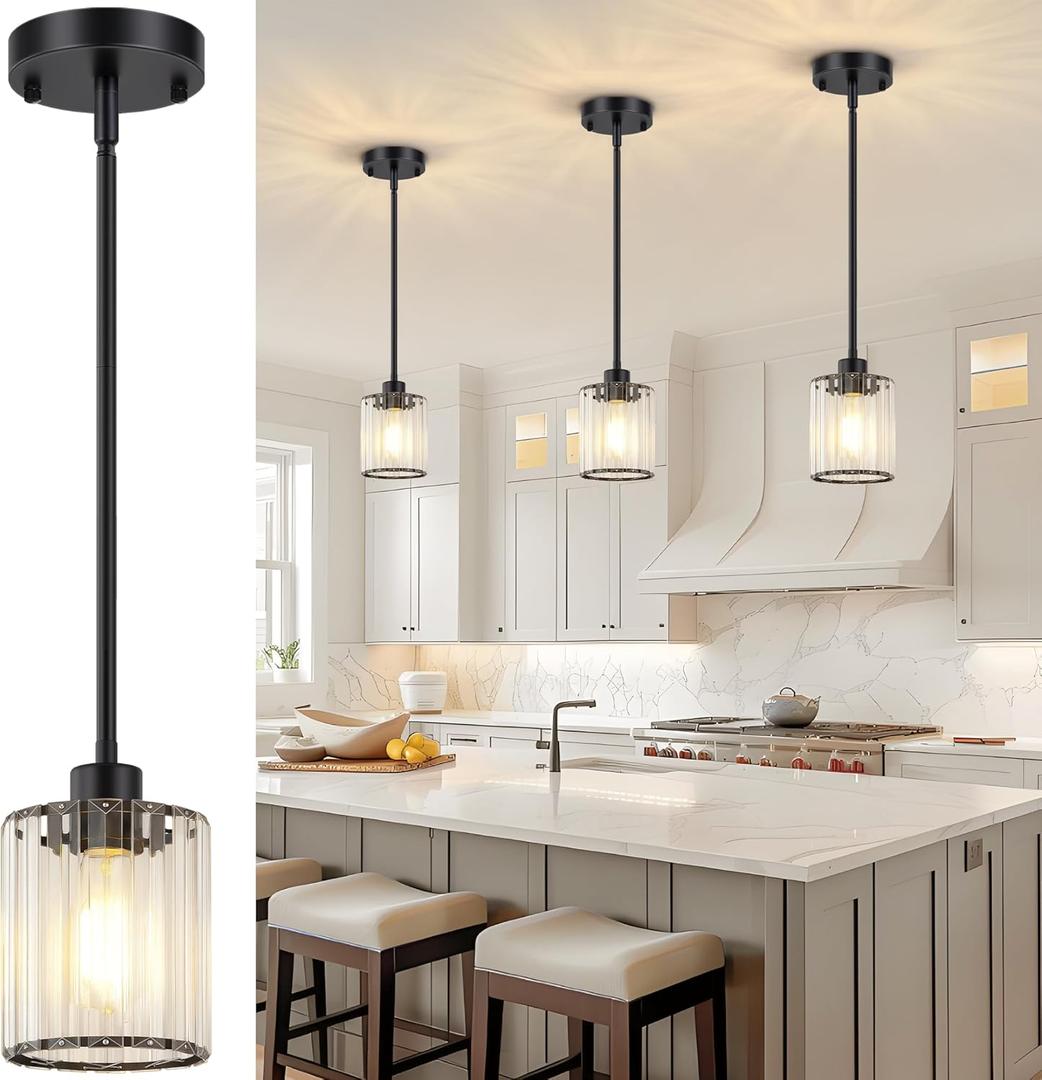 3 Pack Pendant Lights Kitchen Island, Matte Black Kitchen Pendant Lighting Over Table with Adjustable Rods, Modern Mini Crystal Hanging Pendant Light Fixtures for Dining Room Entryway Bedroom