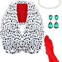 Shinymoon 6 Pieces Halloween Dalmatian Shawl Set Women Faux Stole Accessories Black and White Scarf Dalmatian 1920s Red Gloves Necklace Earring Plastic Holder for Costume Cosplay Party